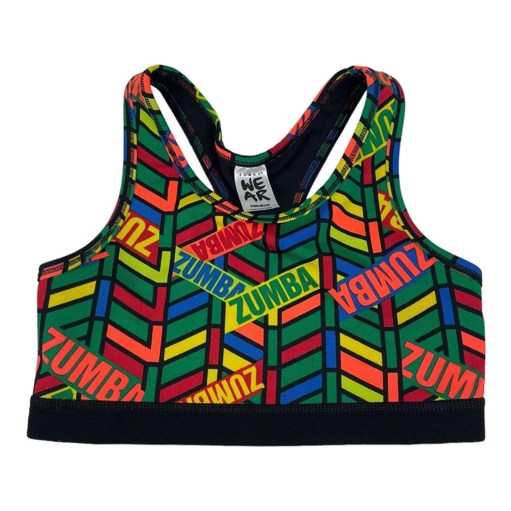 Zumba Girl's Size Youth Medium Racerback Sports Bra Colorful Geometric Spell Out